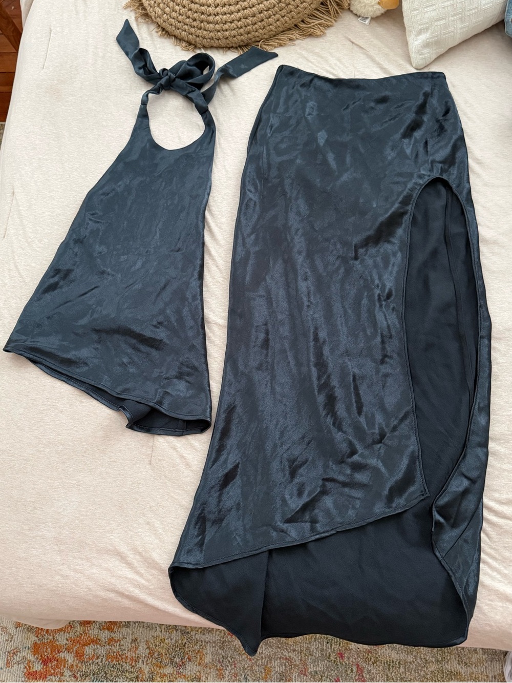 Urban Outfitters Black Satin Halter Top & Asymmetrical Skirt Set